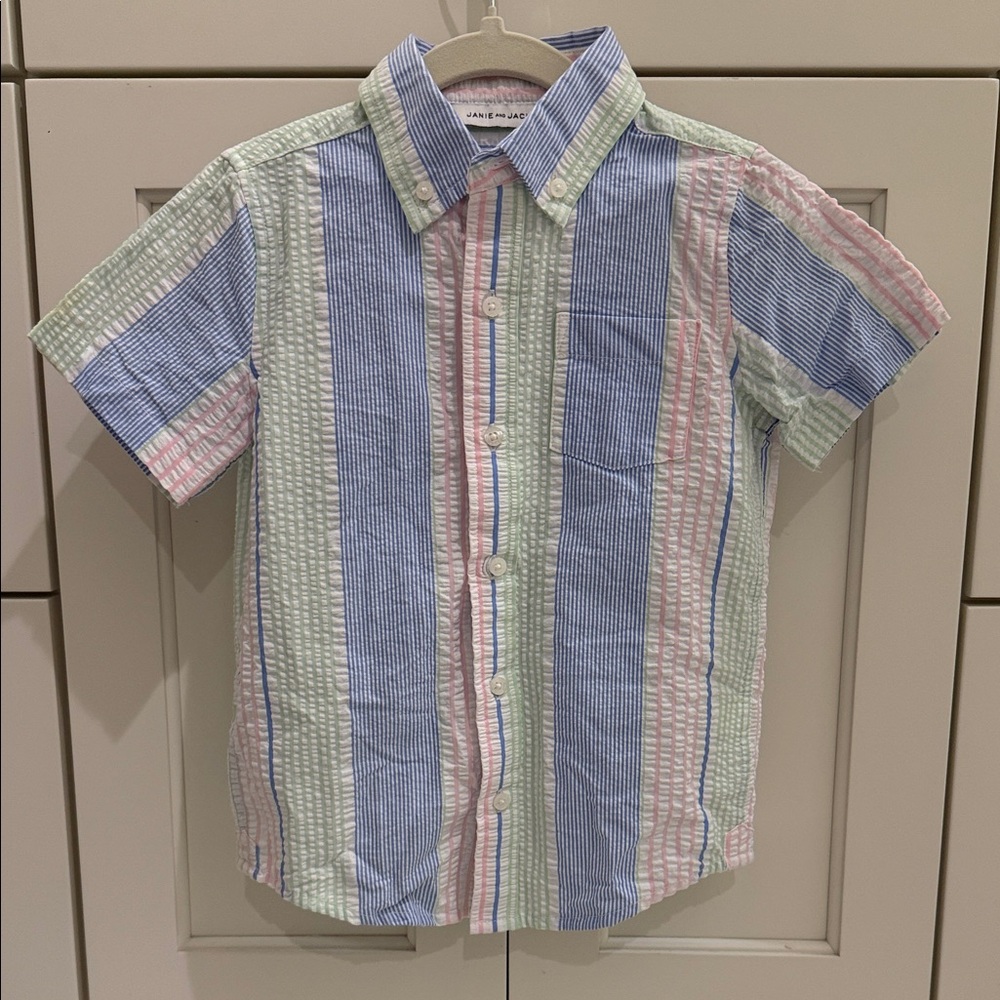 Janie and Jack Striped Seersucker Button-Down — Blue, Pink & Mint